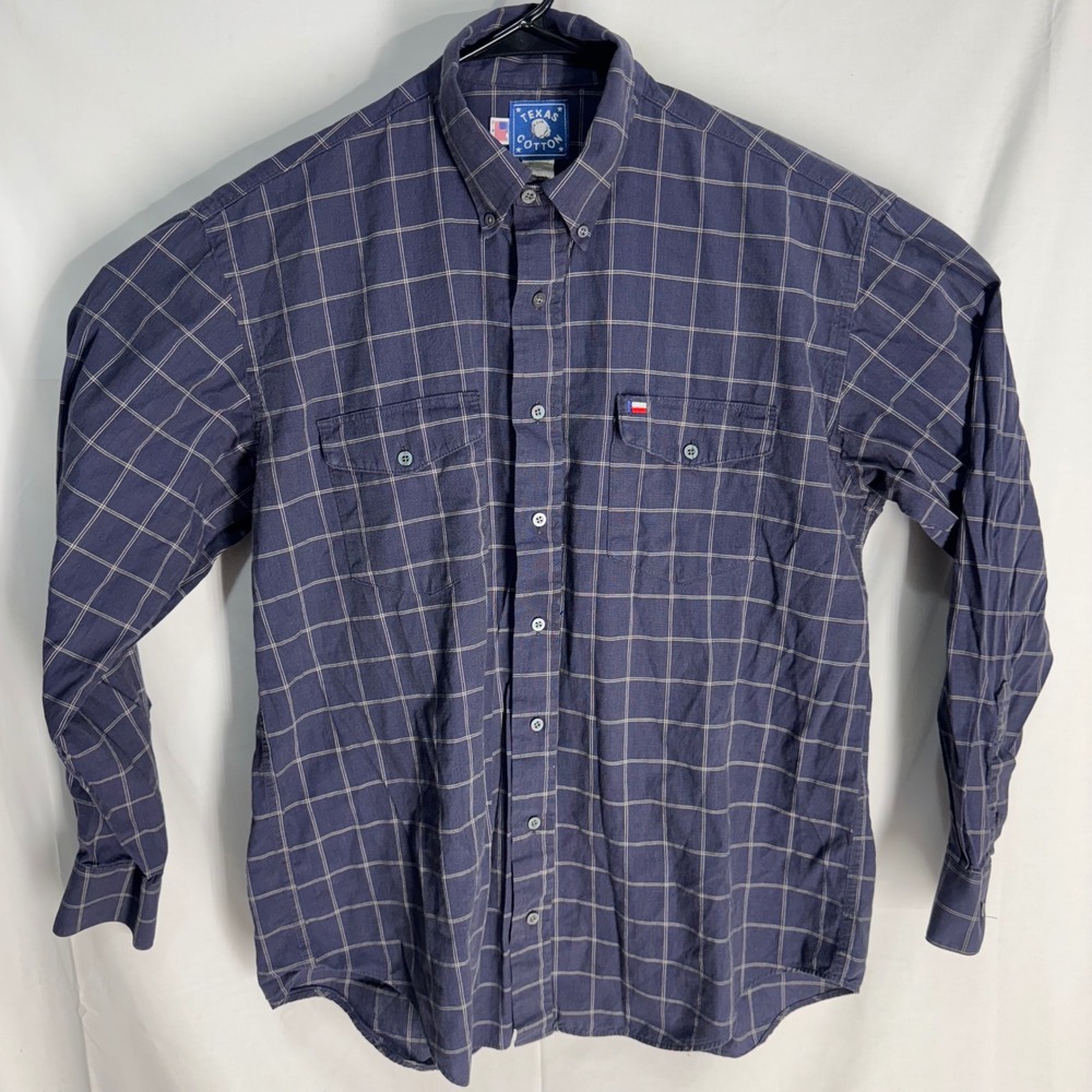 VTG Texas Cotton Button Down Shirt Mens L Blue Windowpane Plaid Long Sleeve USA